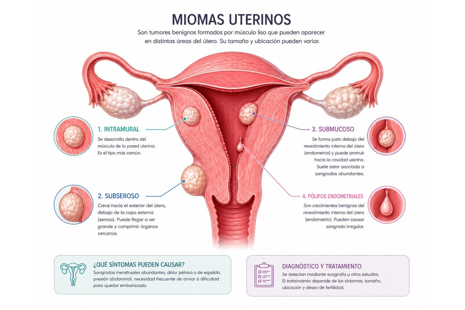 Tipos y localización de los miomas uterinos y los pólipos endometriales