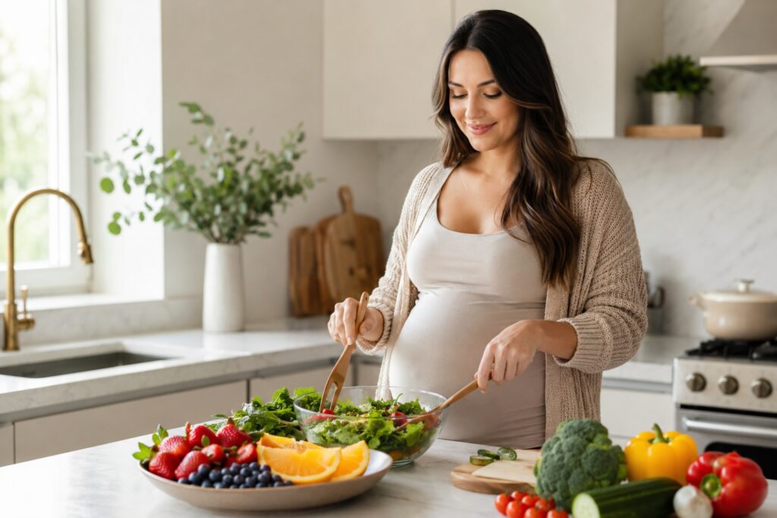 Dona embarassada preparant una amanida amb aliments frescos
